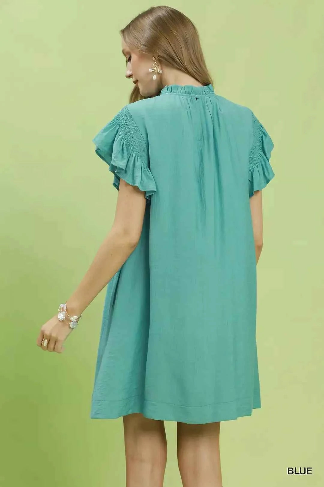 Mint Blue Ruffle Flutter Sleeve Dress by Umgee Back View