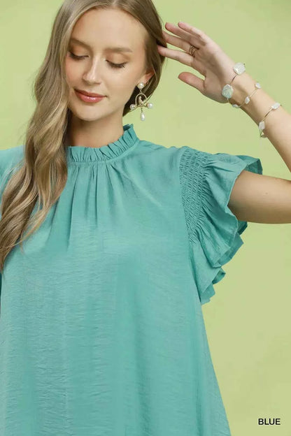Mint Blue Ruffle Flutter Sleeve Dress by Umgee Close View