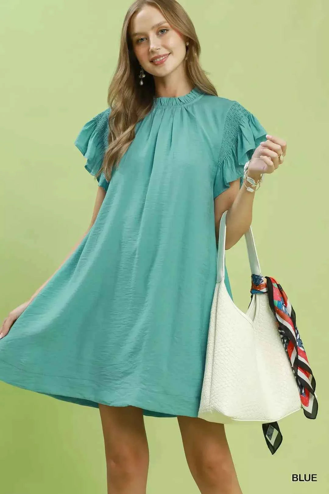 Mint Blue Ruffle Flutter Sleeve Dress by Umgee Front view
