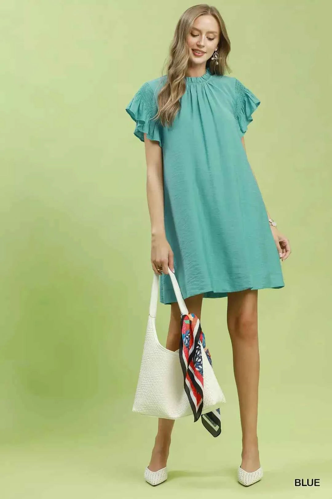 Mint Blue Ruffle Flutter Sleeve Dress by Umgee Full View