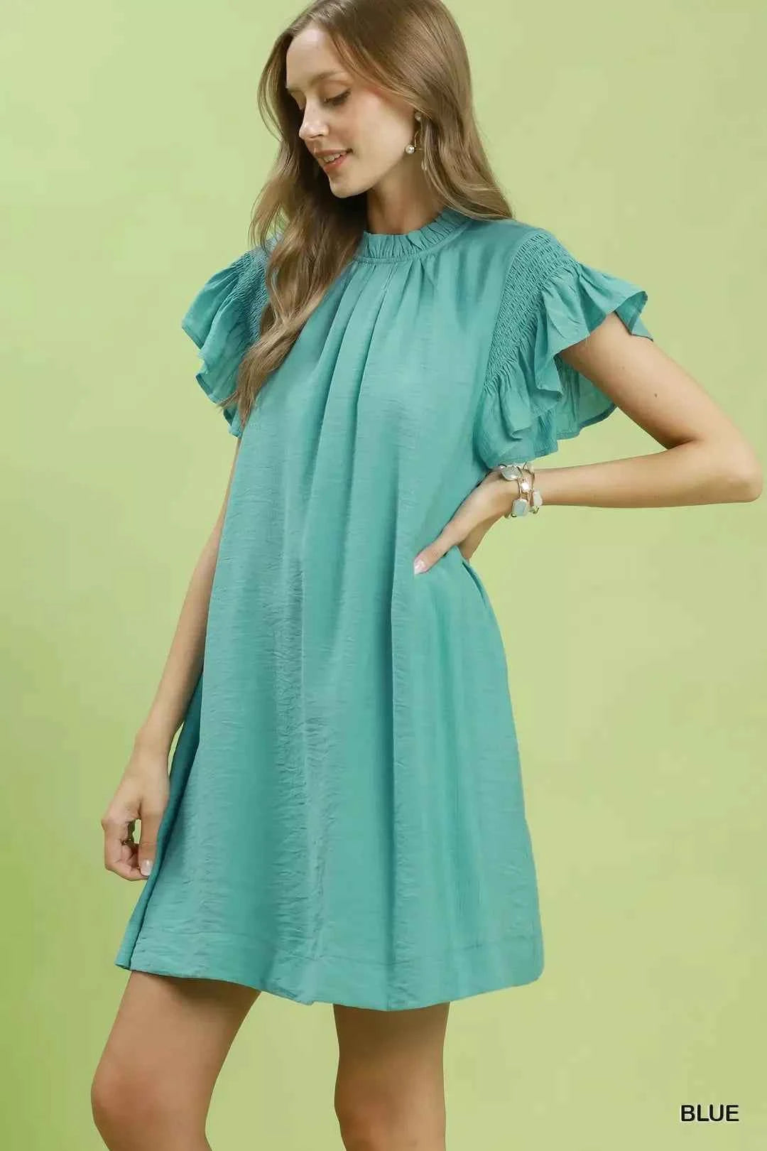 Mint Blue Ruffle Flutter Sleeve Dress by Umgee Side View