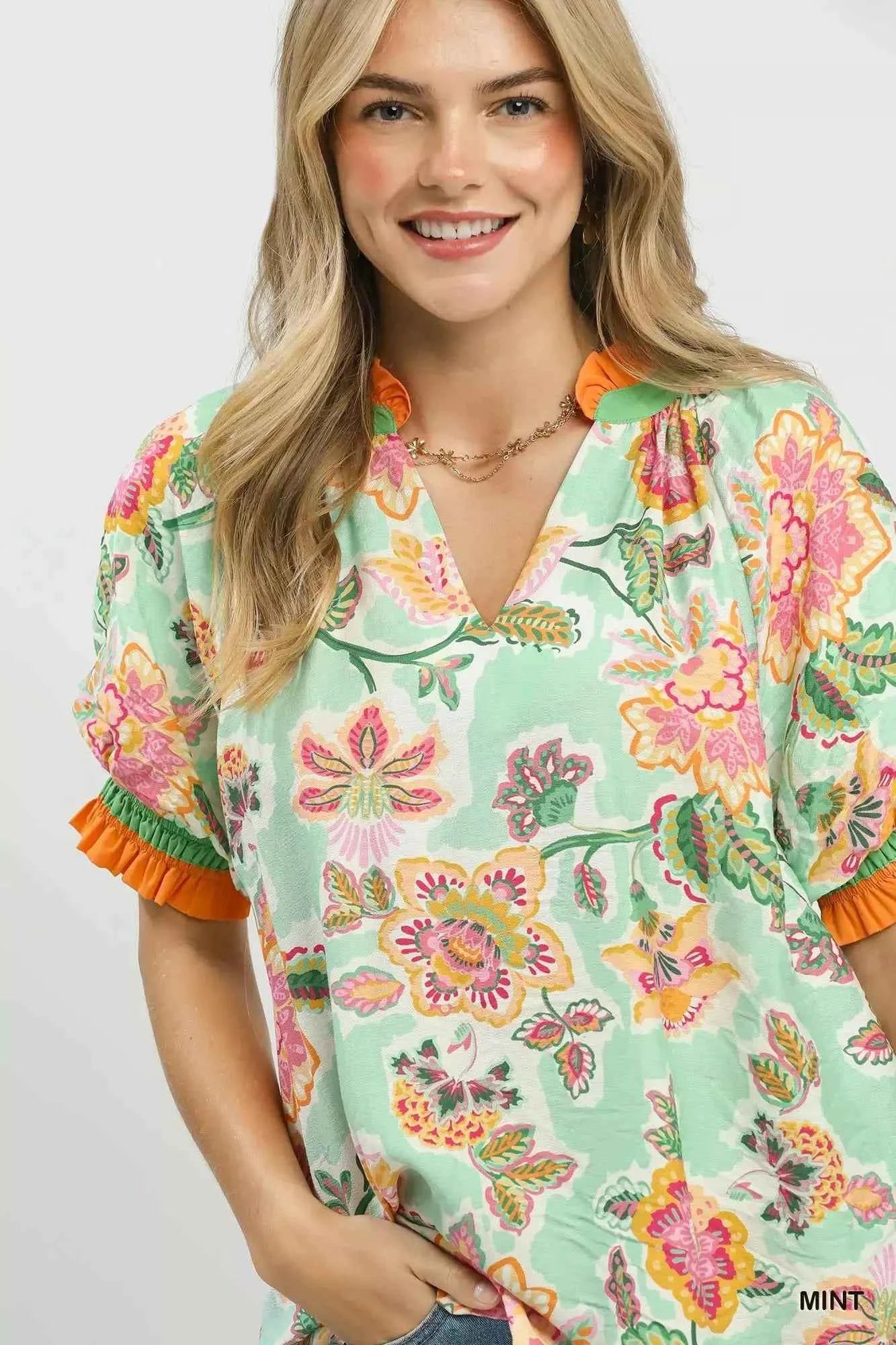 Umgee Floral Print Ruffled Short Sleeve Top Close View