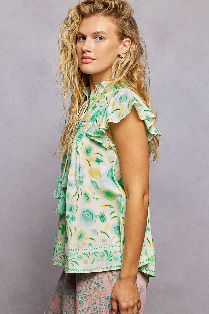 Mint Tassel Tied Floral Flutter Sleeve Blouse by POL Side View