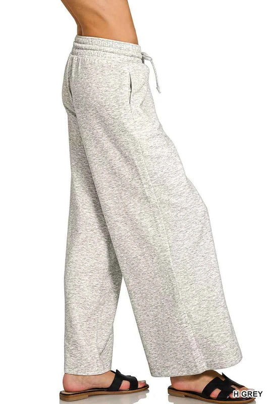 Heather Grey Scuba Drawstring Wide Leg Pants by Zenana