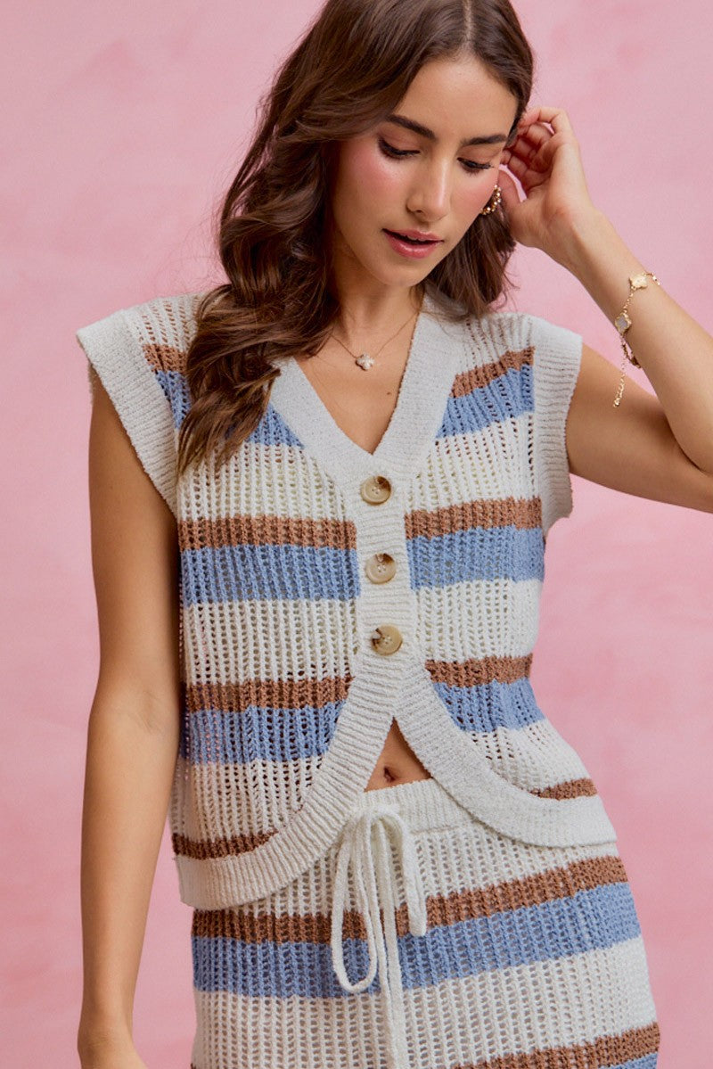 Multi Color Stripe Low Gauge Sweater Vest Top by So Me Front View