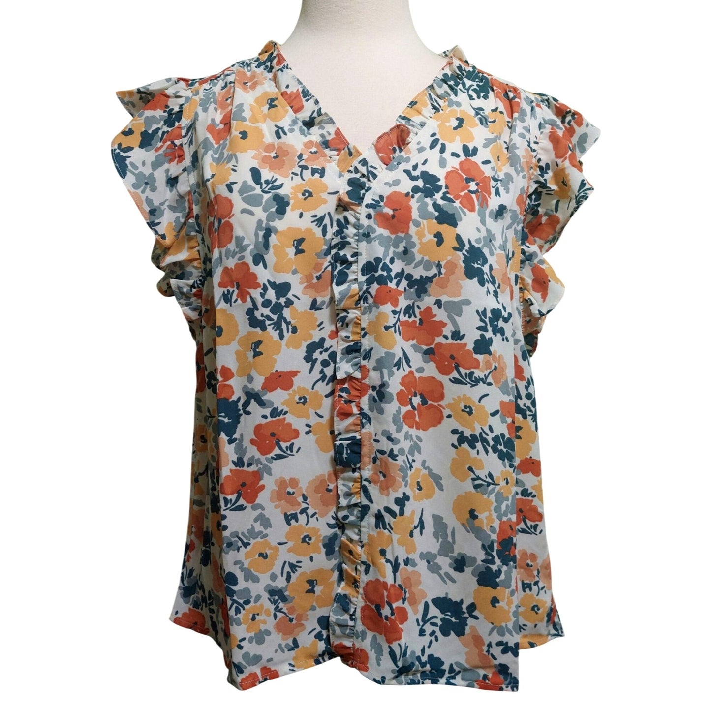Voy Floral Ruffle Sleeve Blouse~Hidden Buttons~Fall Colors~Size SMALL