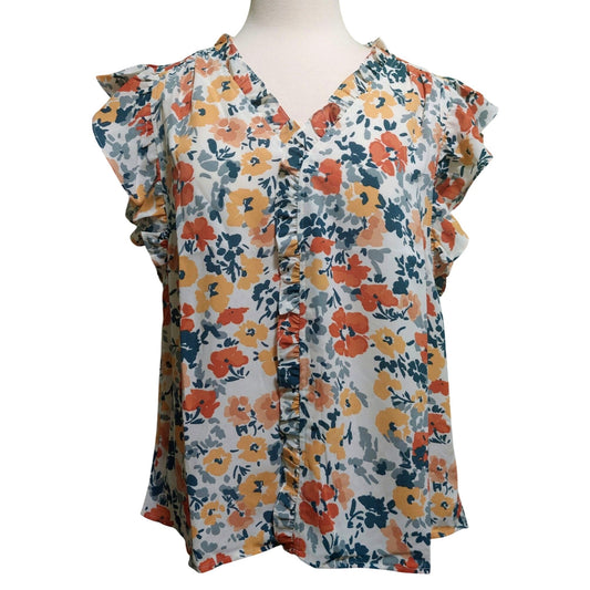 Voy Floral Ruffle Sleeve Blouse~Hidden Buttons~Fall Colors~Size SMALL