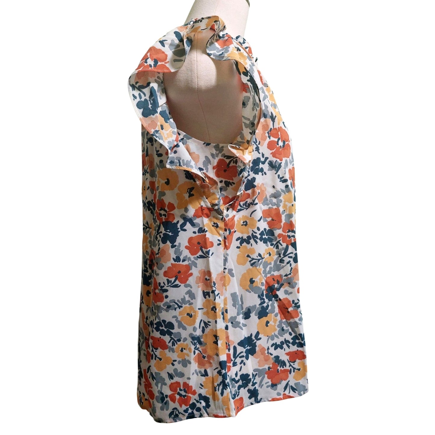 Voy Floral Ruffle Sleeve Blouse~Hidden Buttons~Fall Colors~Size SMALL