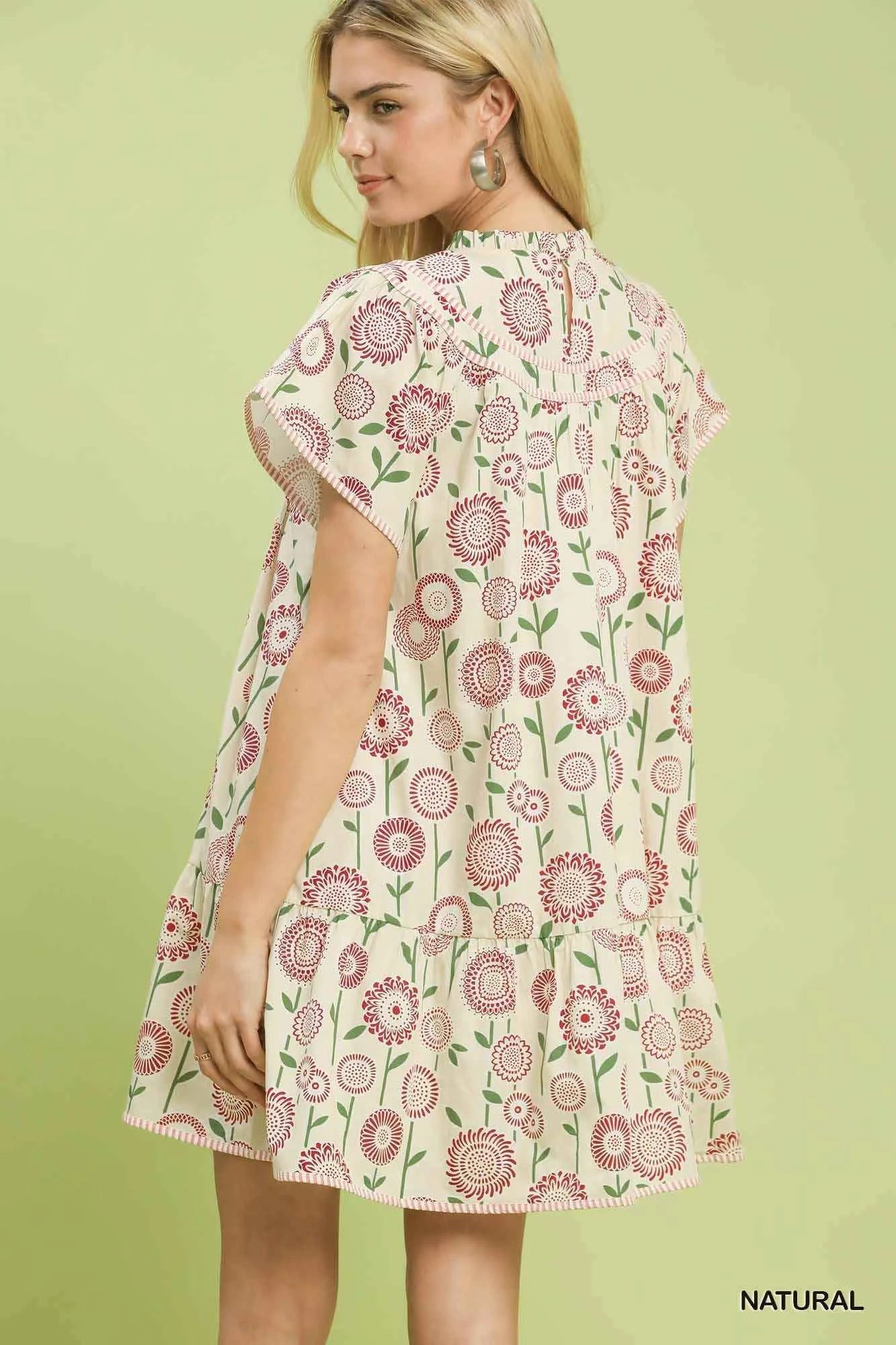 Natural Floral Print Tiered Babydoll Dress with Pockets by Umgee