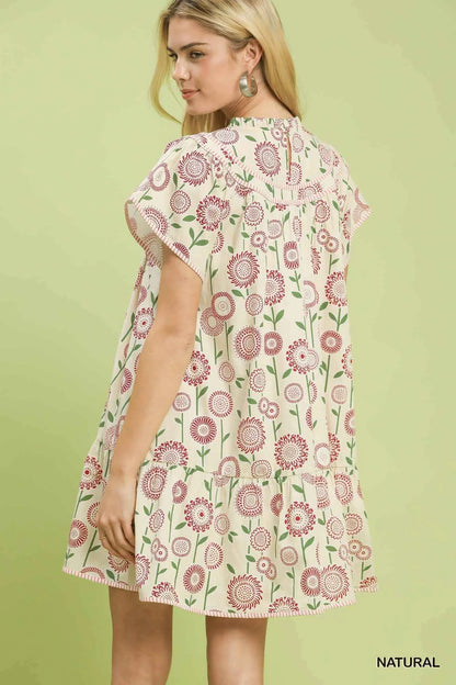 Natural Floral Print Tiered Babydoll Dress with Pockets by Umgee