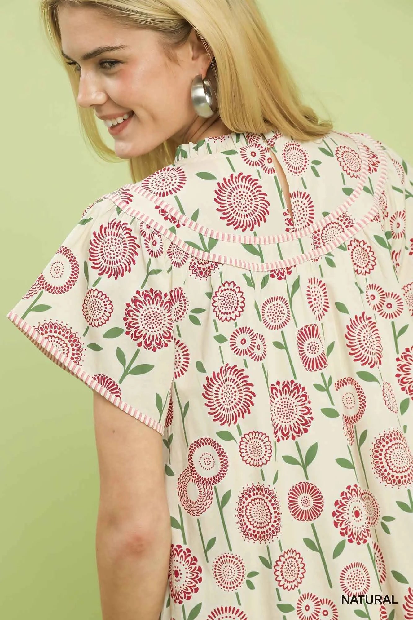 Natural Floral Print Tiered Babydoll Dress with Pockets by Umgee