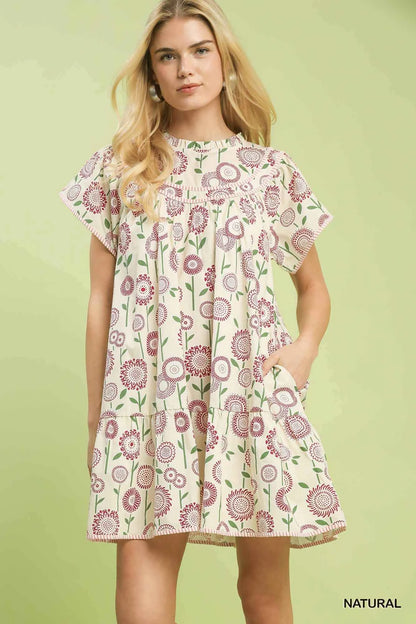 Natural Floral Print Tiered Babydoll Dress with Pockets by Umgee
