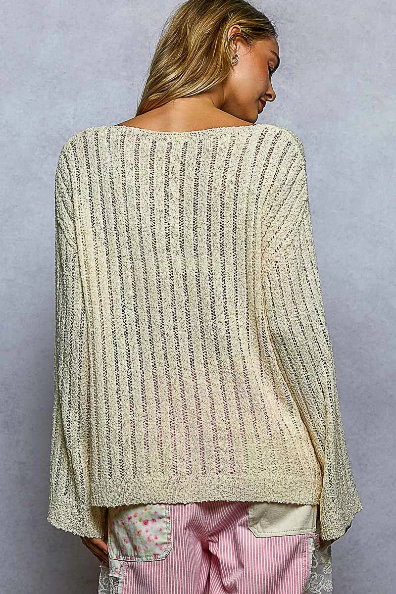 Natural Round Neck Long Sleeve Open Weave Sweater by POL Back View