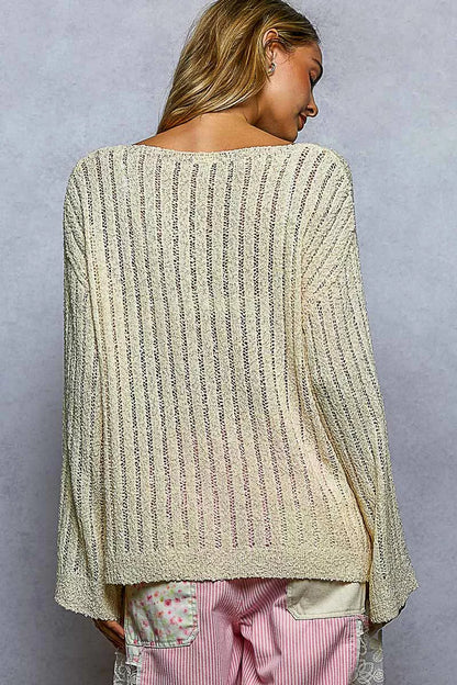 Natural Round Neck Long Sleeve Open Weave Sweater by POL Back View