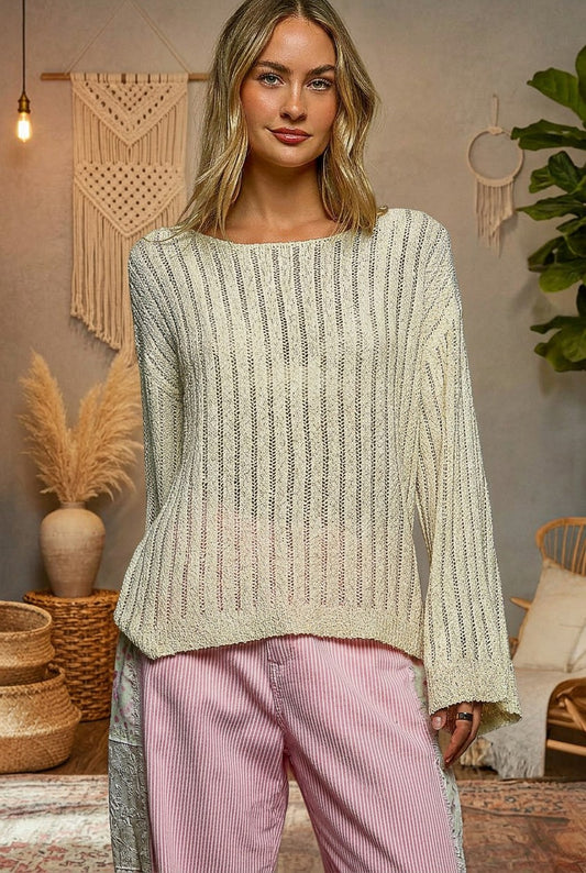 Natural Round Neck Long Sleeve Open Weave Sweater by POL Front View