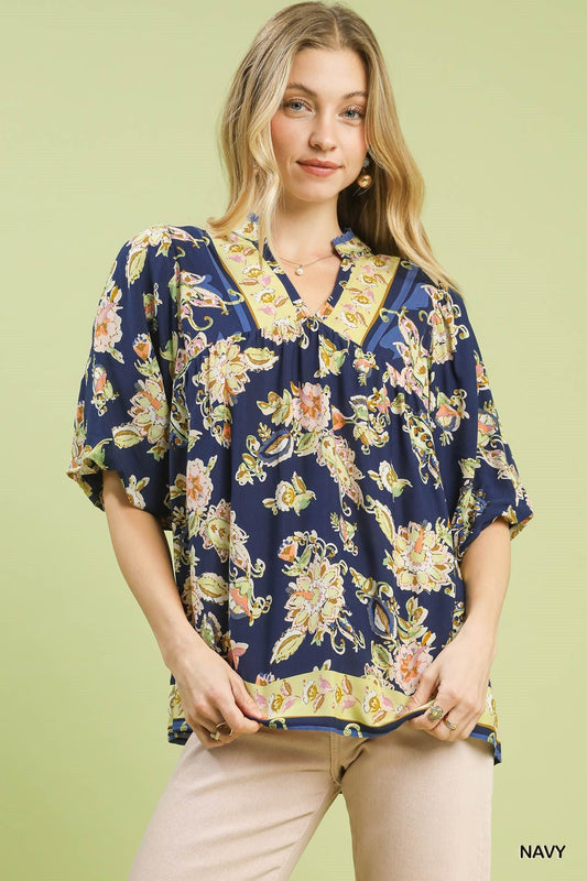 Navy & Apricot Floral Boho Blouse by Umgee Front View