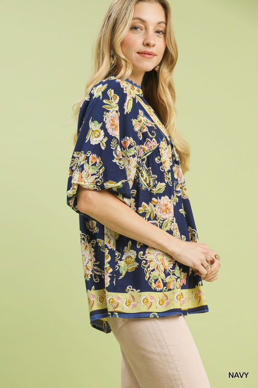 Navy & Apricot Floral Boho Blouse by Umgee Side View
