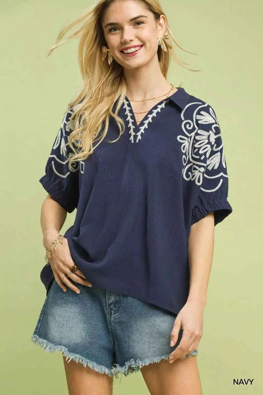 Umgee Floral Embroidered Sleeve Blousen Front View
