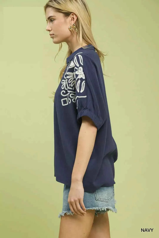 Umgee Floral Embroidered Sleeve Blouse Side View
