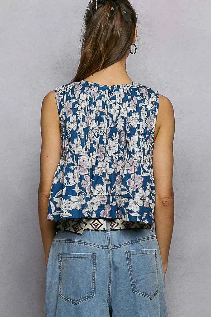 Navy Floral Round Neck Cropped A-Line Pintuck Tank by POL