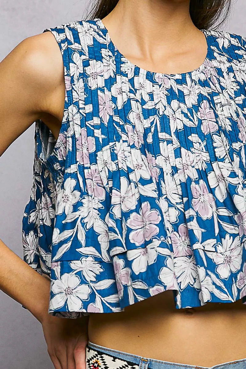 Navy Floral Round Neck Cropped A-Line Pintuck Tank by POL Close View