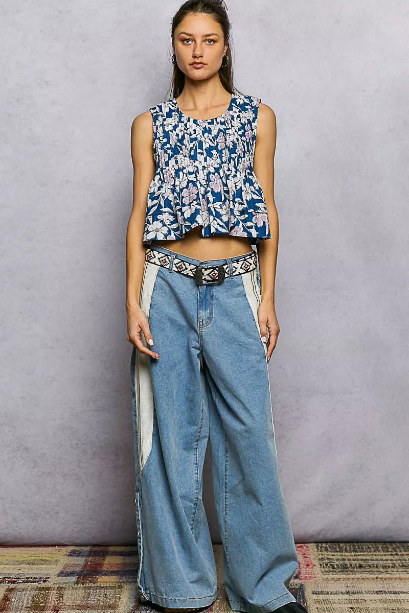 Navy Floral Round Neck Cropped A-Line Pintuck Tank by POL Full View