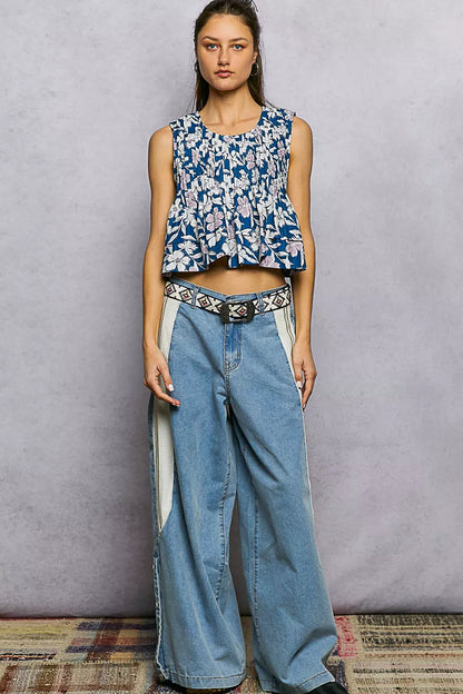 Navy Floral Round Neck Cropped A-Line Pintuck Tank by POL Full View