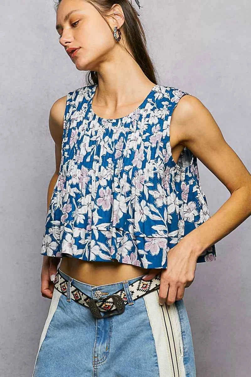 Navy Floral Round Neck Cropped A-Line Pintuck Tank by POL