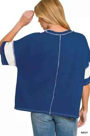 Navy French Terry Striped Exposed Seam Top by Zenana Back view