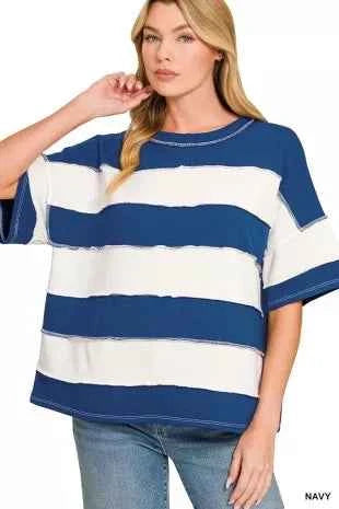 Navy French Terry Striped Exposed Seam Top by Zenana Front View