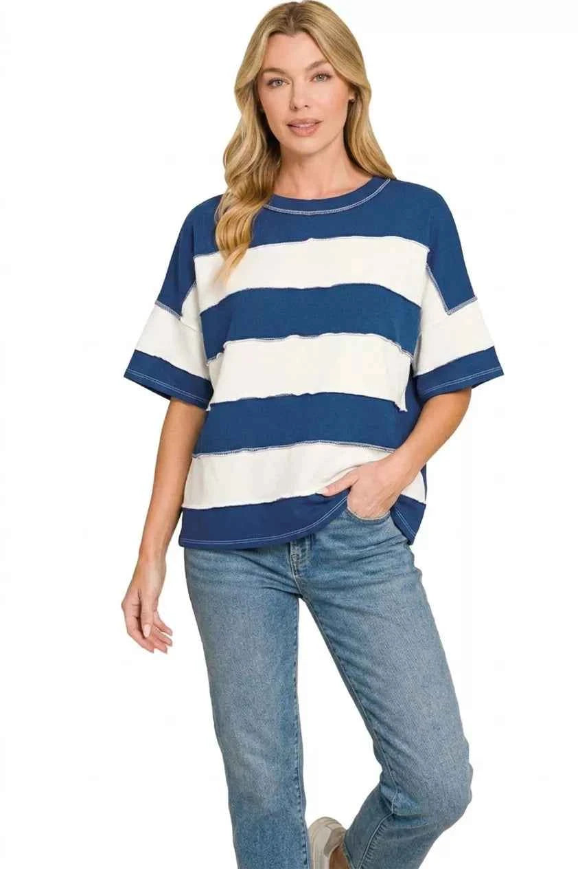 Navy French Terry Striped Exposed Seam Top by Zenana Full View