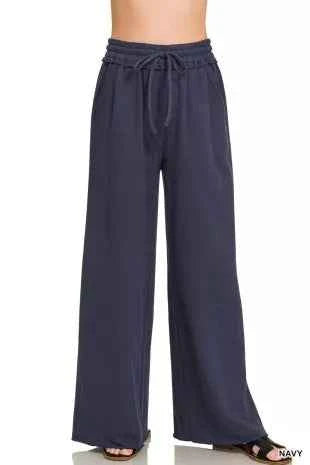 Navy French Terry Wide Leg Sweatpants with Pockets by Zenana Front View