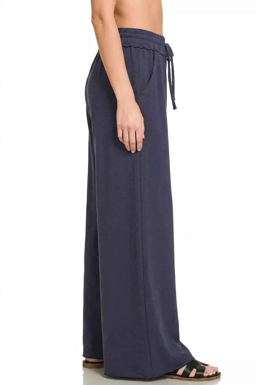 Navy French Terry Wide Leg Sweatpants with Pockets by Zenana Side View 2