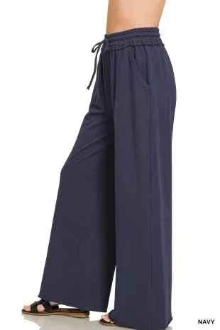 Navy French Terry Wide Leg Sweatpants with Pockets by Zenana Side View
