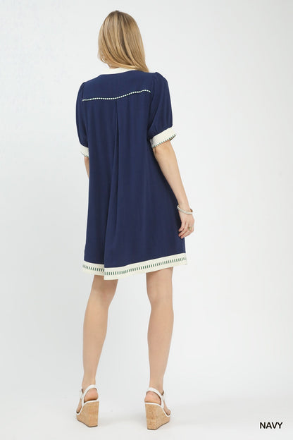 Navy Linen Blend Contrast Trim Midi Dress by Umgee Back View