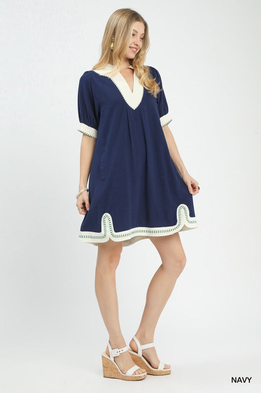 Navy Linen Blend Contrast Trim Midi Dress by Umgee Front View