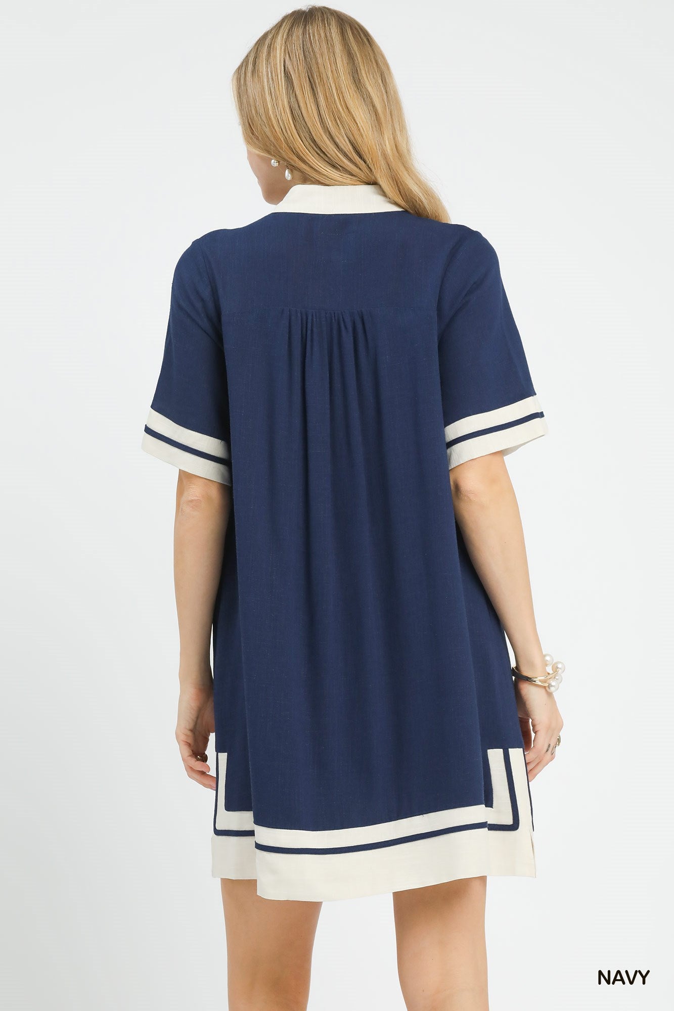 Navy Linen Rayon Mini Dress with Pockets by Umgee Back View