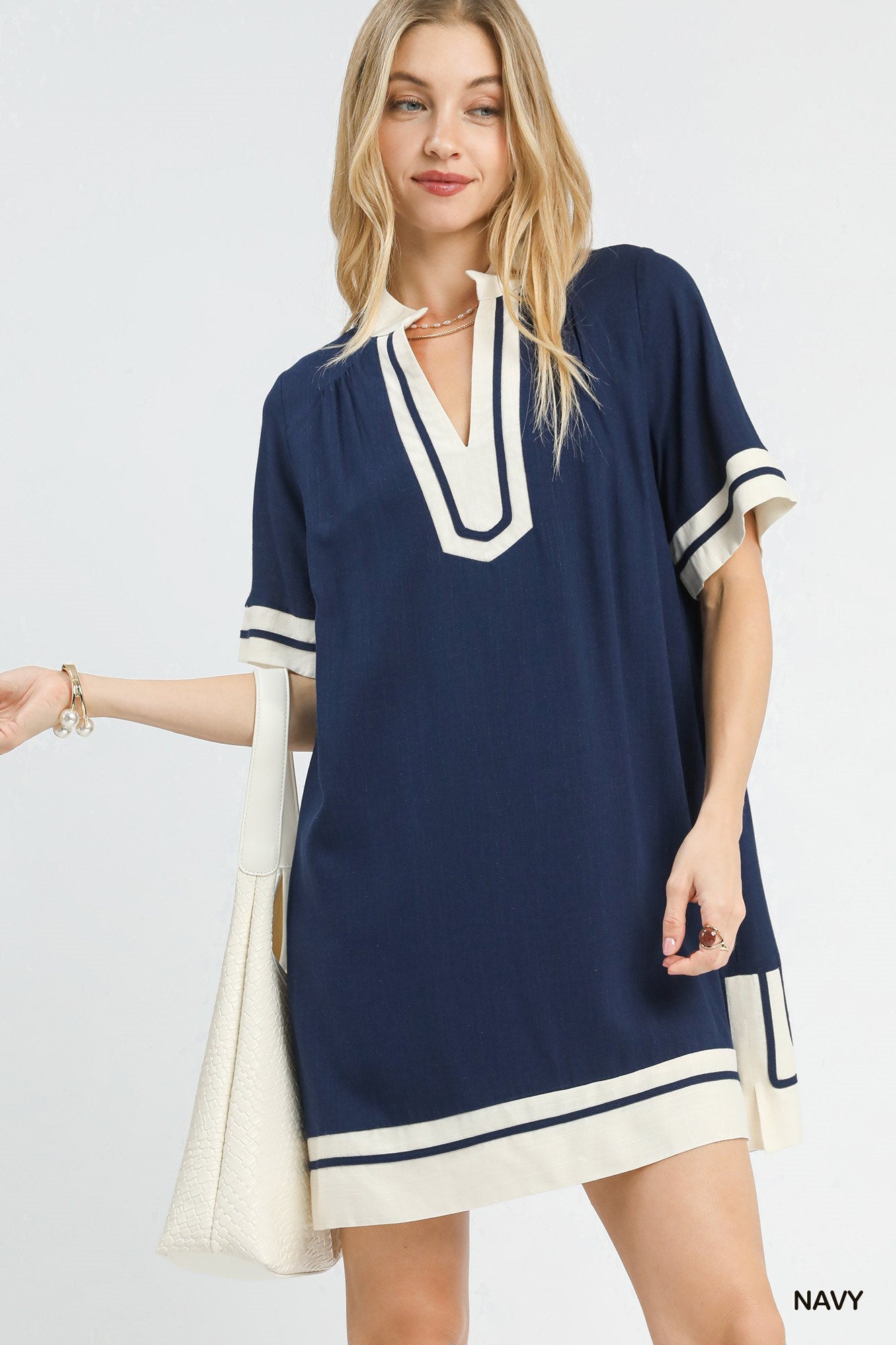 Navy Linen Rayon Mini Dress with Pockets by Umgee Front View
