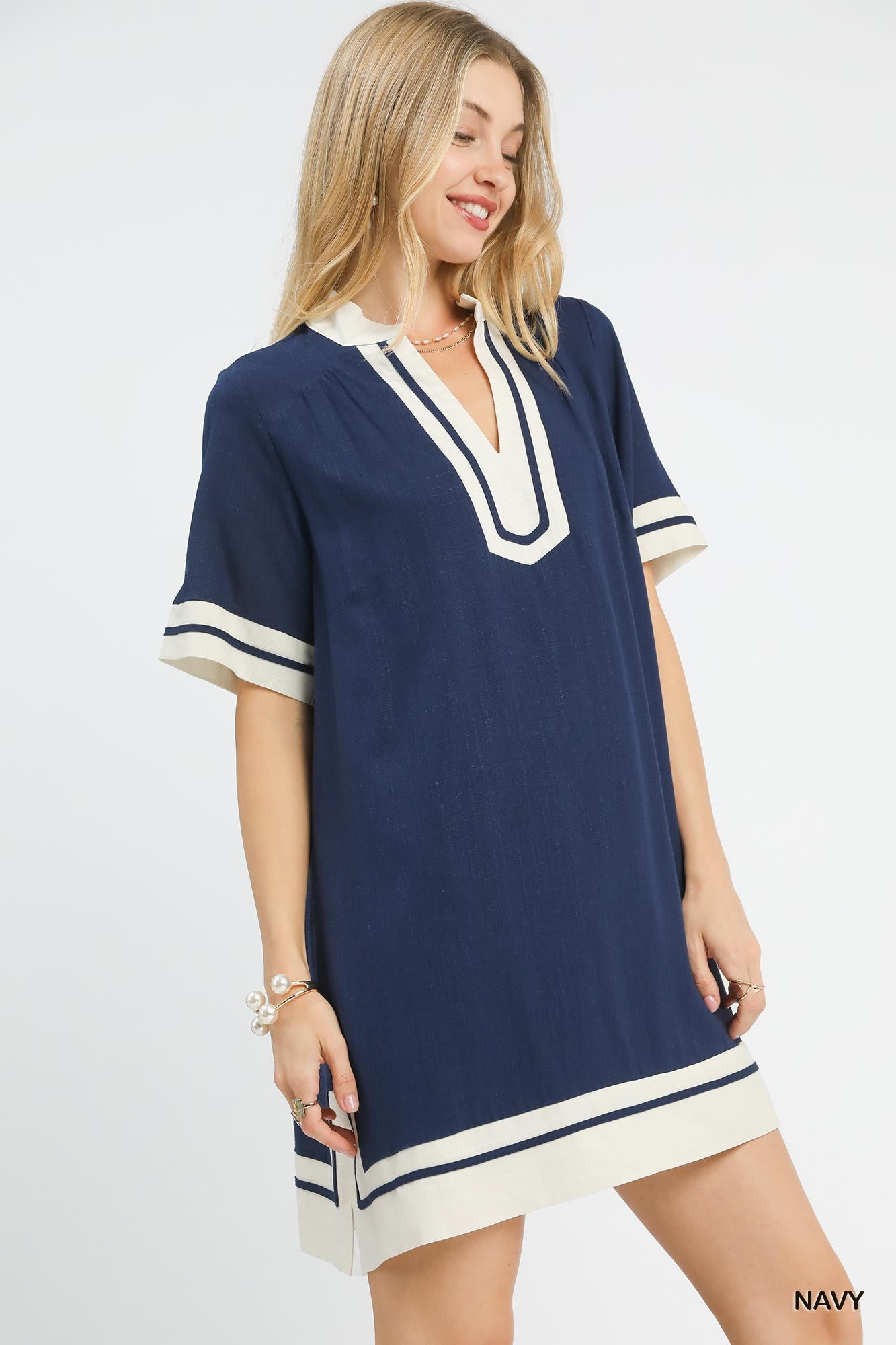 Navy Linen Rayon Mini Dress with Pockets by Umgee Side View