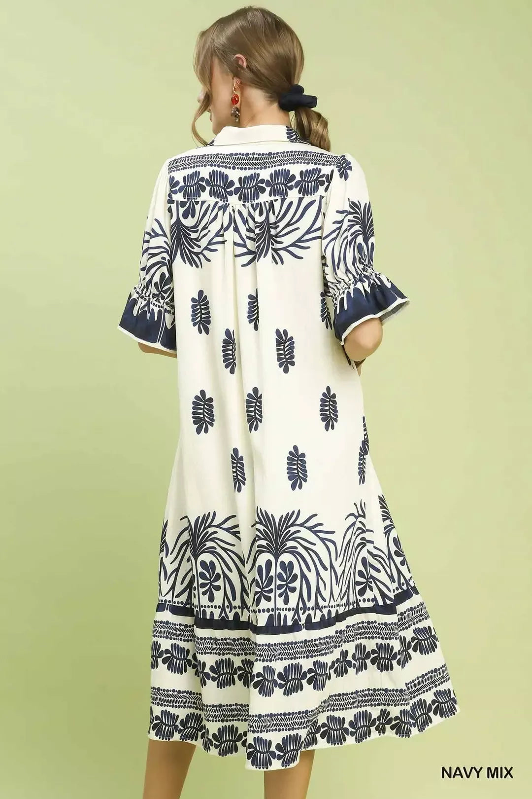 Navy Mix Border Print Midi Dress W/ Puff Sleeves & Pockets by Umgee Back View