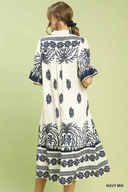 Navy Mix Border Print Midi Dress W/ Puff Sleeves & Pockets by Umgee Back View