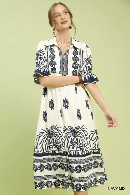 Navy Mix Border Print Midi Dress W/ Puff Sleeves & Pockets by Umgee Front View