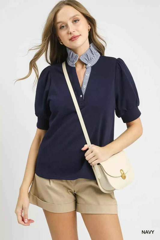 Navy Striped Collar Popover Top w/ Contrast Collar by Umgee