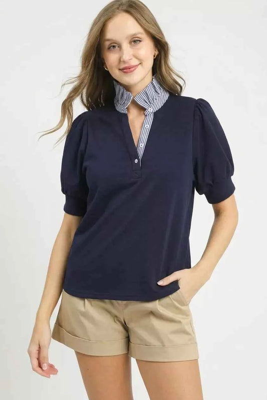 Navy Striped Collar Popover Top w/ Contrast Collar by Umgee