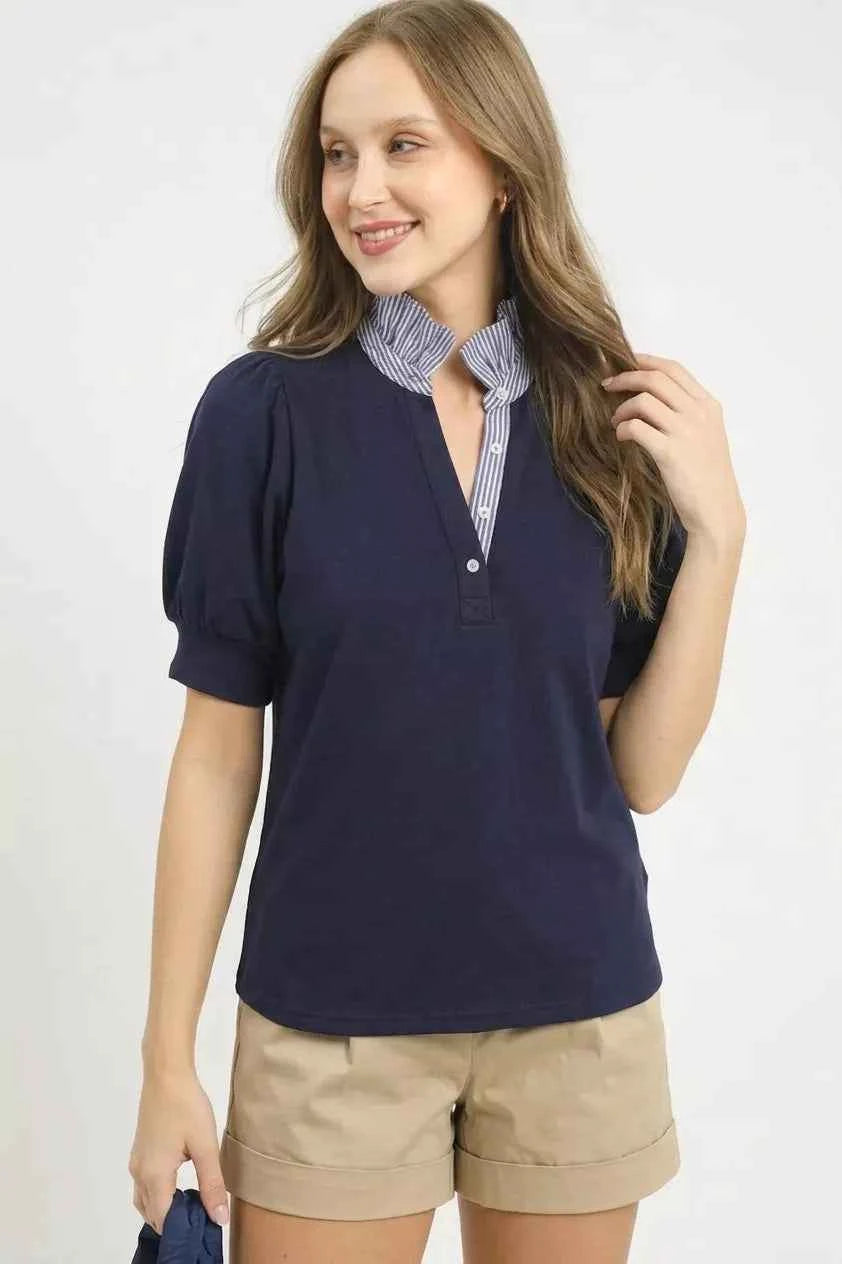 Navy Striped Collar Popover Top w/ Contrast Collar by Umgee