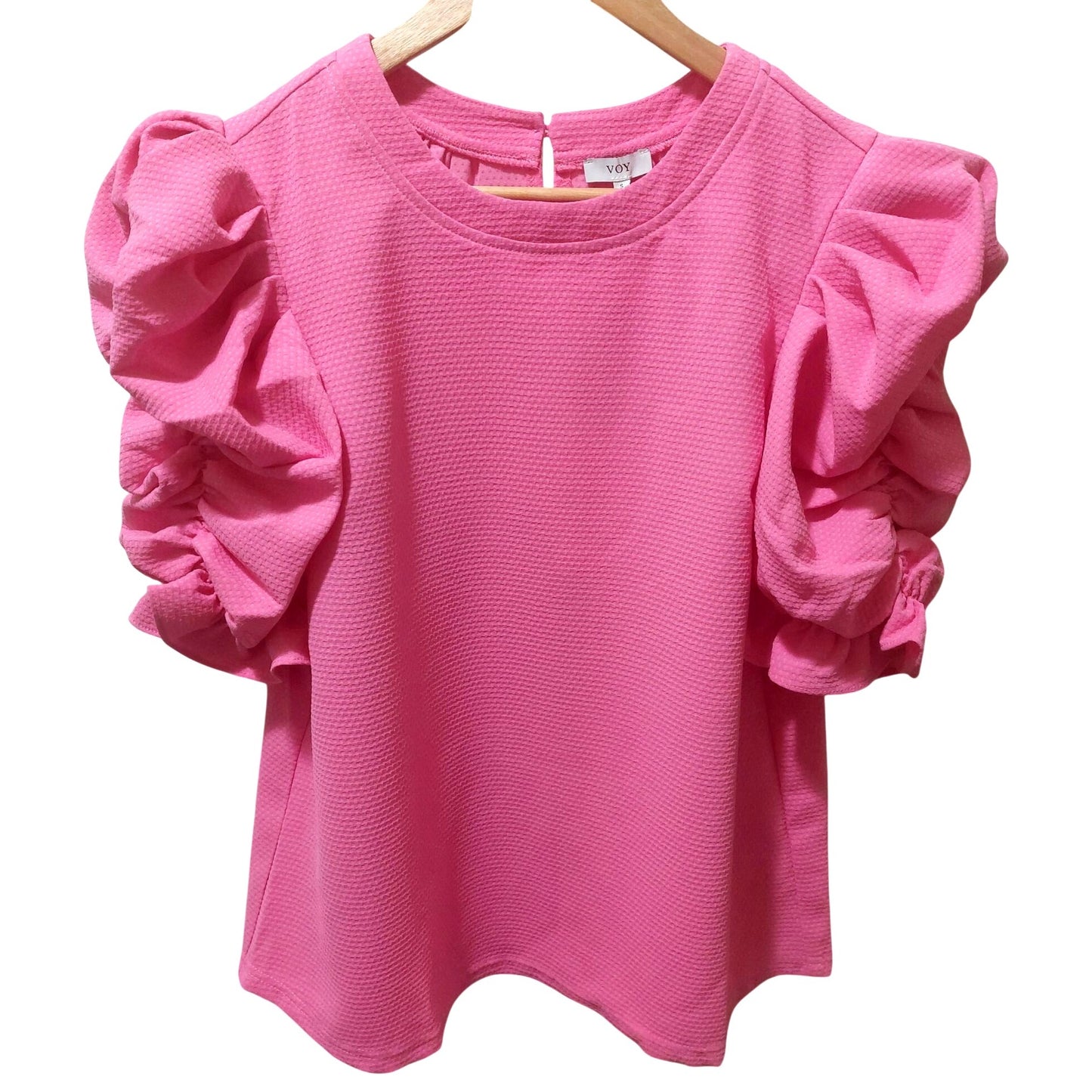 Voy Women's Pink Puffy Sleeve Textured Top Size SMALL