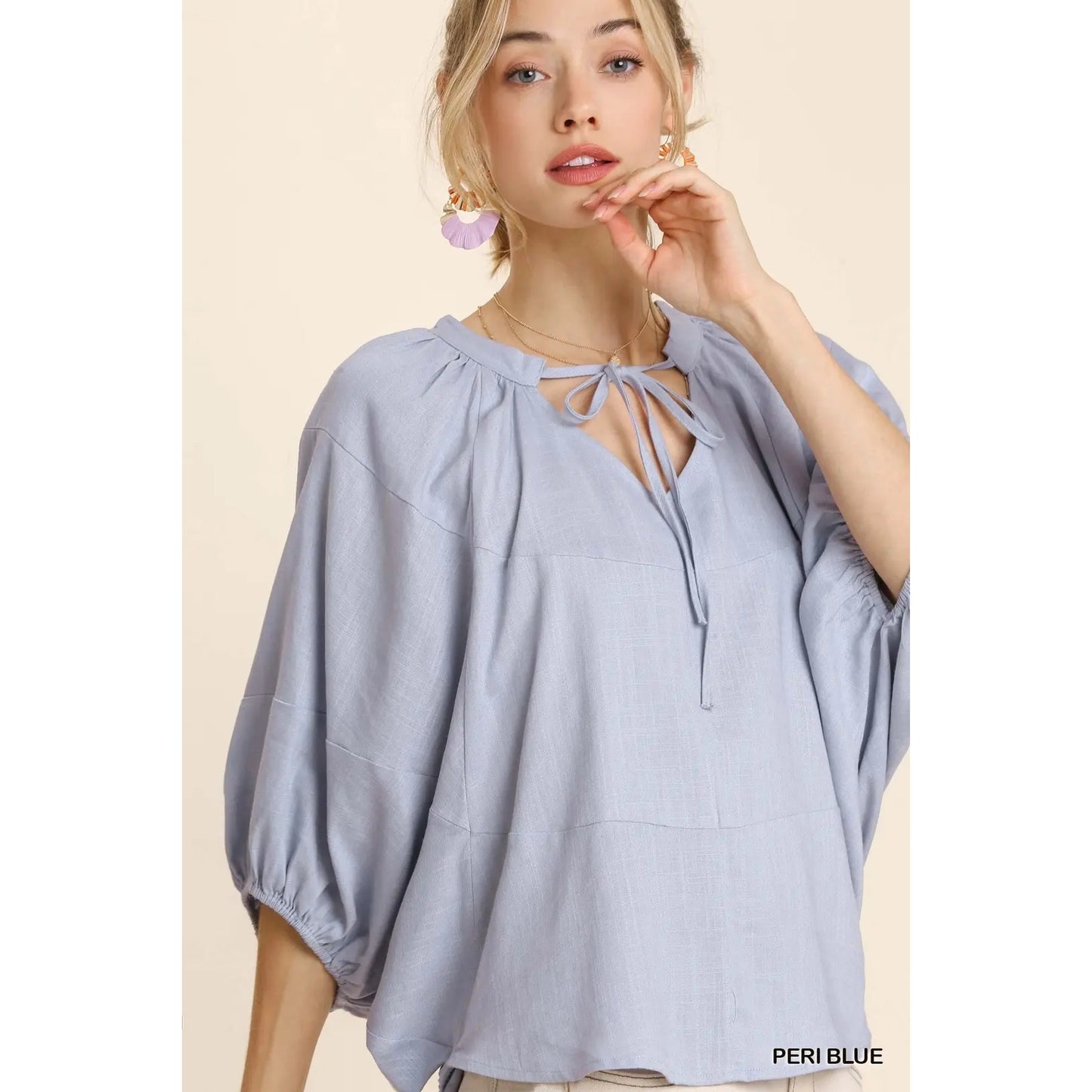 Umgee Periwinkle Blue Linen Blend Tie Top~Dolman Sleeves~ Rounded Bottom