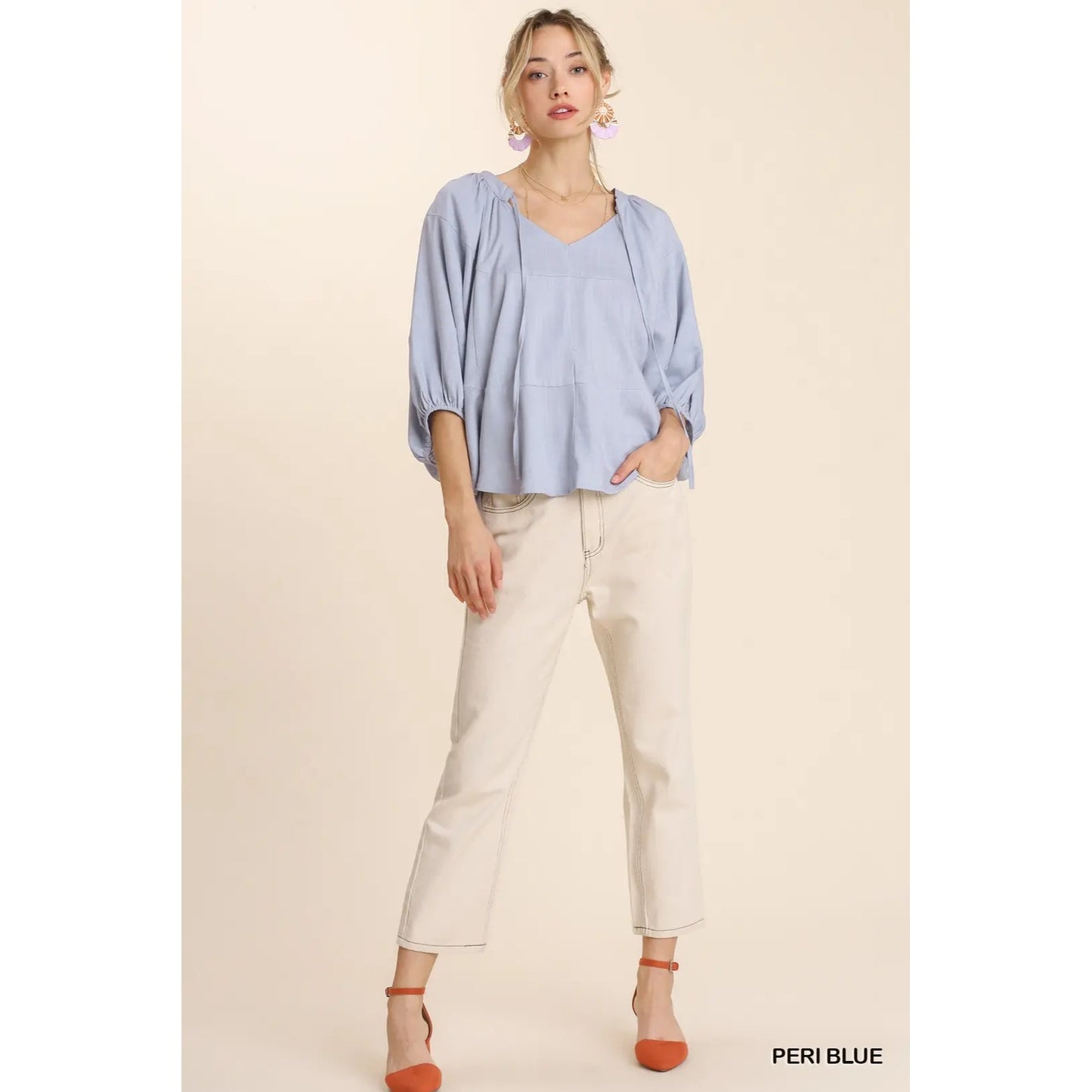 Umgee Periwinkle Blue Linen Blend Tie Top~Dolman Sleeves~ Rounded Bottom