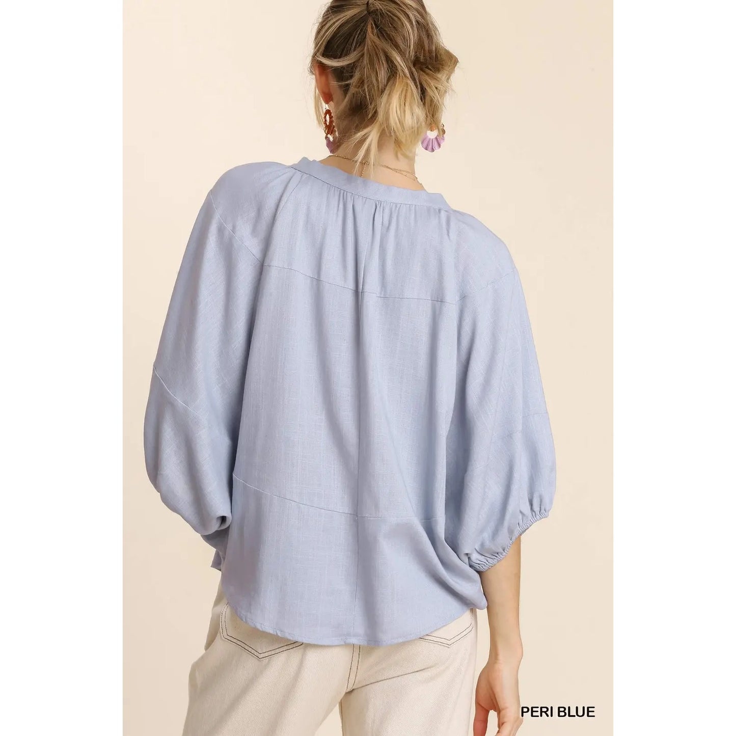 Umgee Periwinkle Blue Linen Blend Tie Top~Dolman Sleeves~ Rounded Bottom