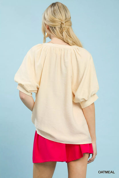 Oatmeal Embroidered Puff Sleeve Blouse by Umgee Back View